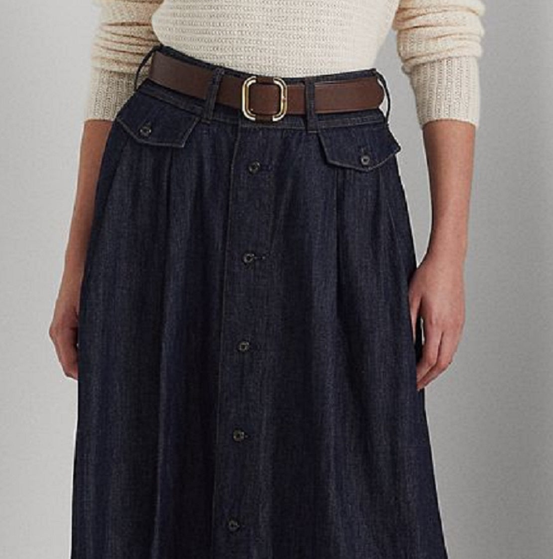 Saia jeans feminina Ralph Lauren com botões frontais, azul, tamanho 16
