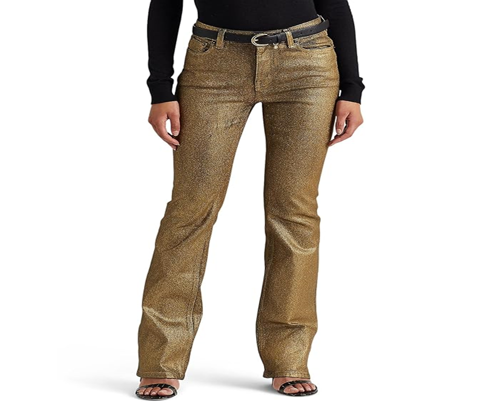 Calça jeans Ralph Lauren feminina, metálica, cano alto, amarela, tamanho 2