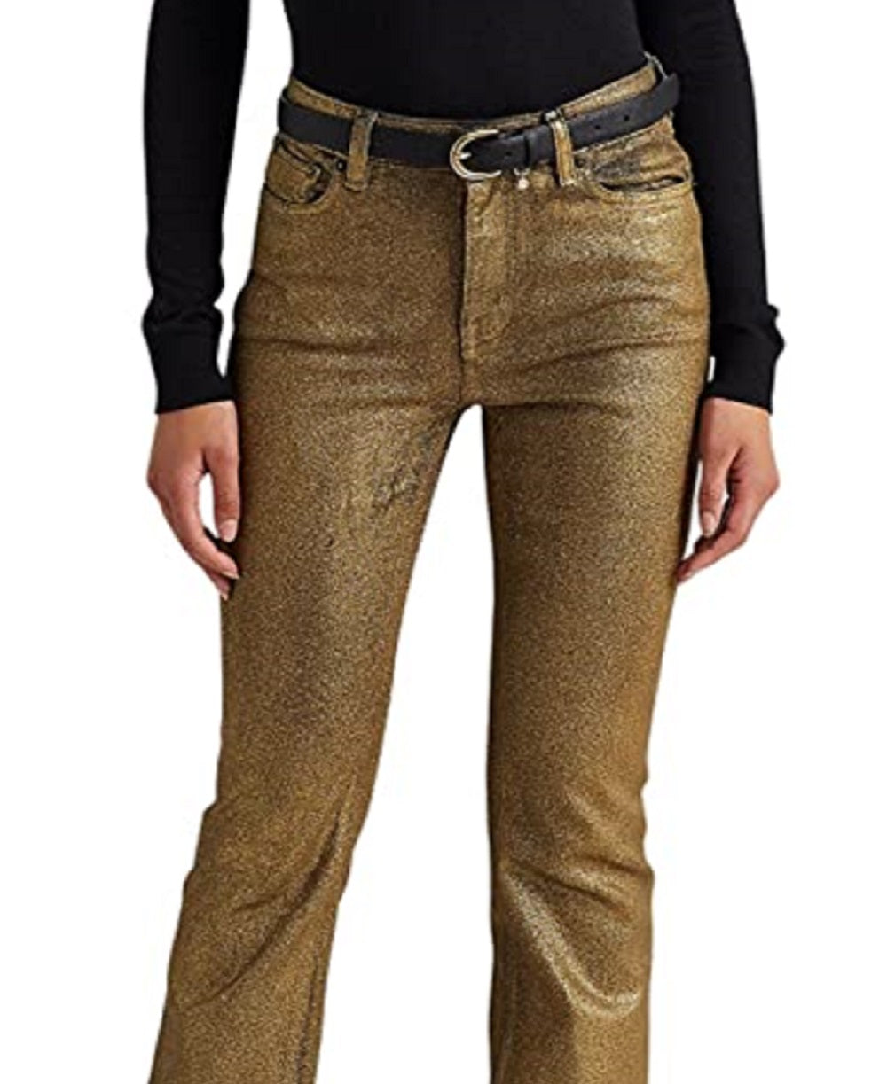 Calça jeans Ralph Lauren feminina, metálica, cano alto, amarela, tamanho 4