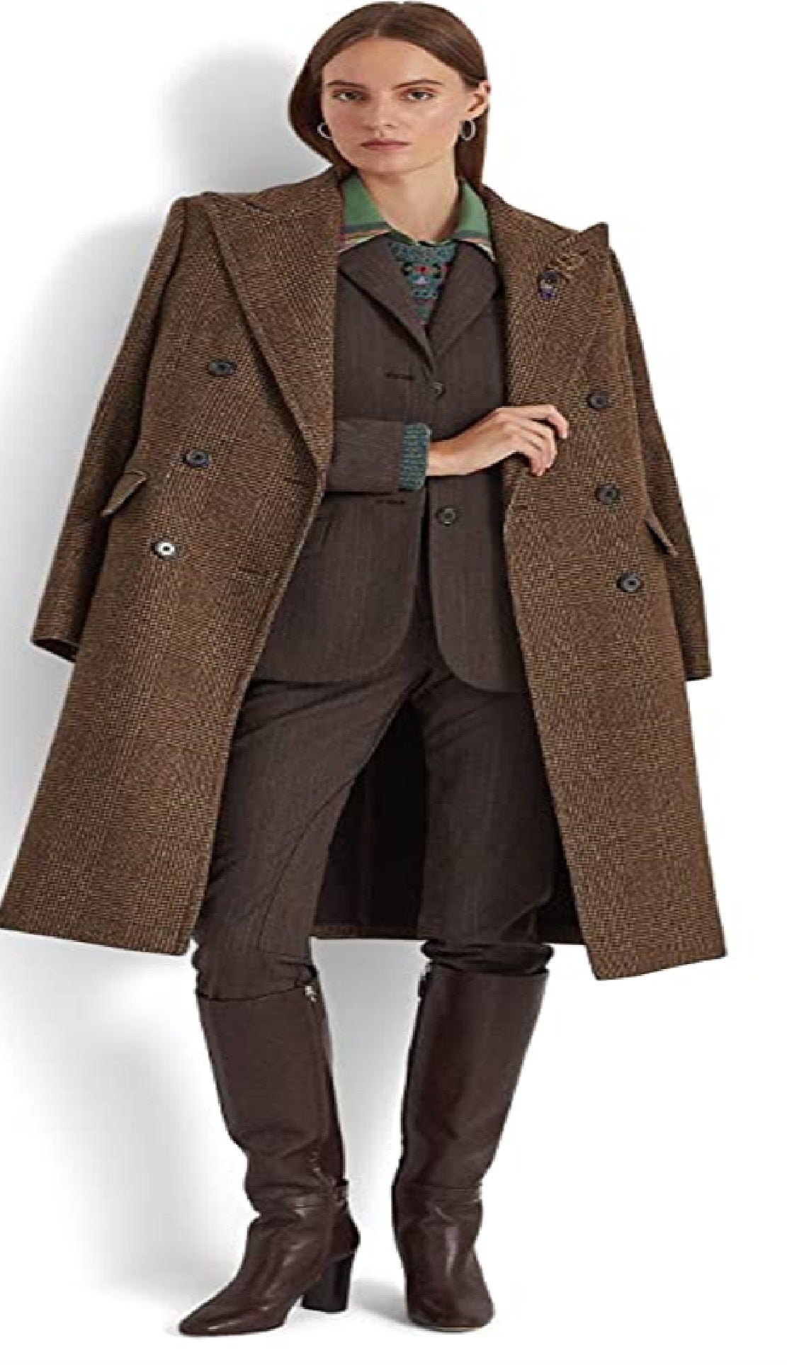 Casaco feminino Ralph Lauren de lã mista, abotoamento duplo, marrom, tamanho 8