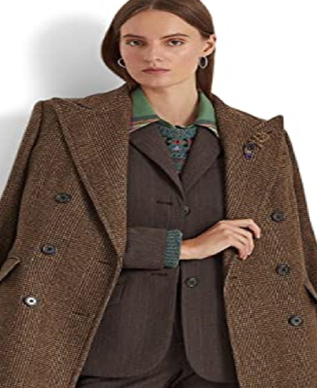 Casaco feminino Ralph Lauren de lã mista, abotoamento duplo, marrom, tamanho 8