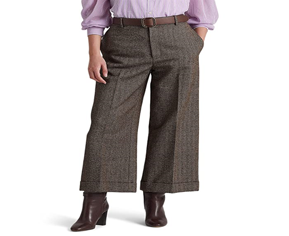 Calça cropped feminina Ralph Lauren com estampa espinha de peixe e perna larga, marrom, tamanho 16