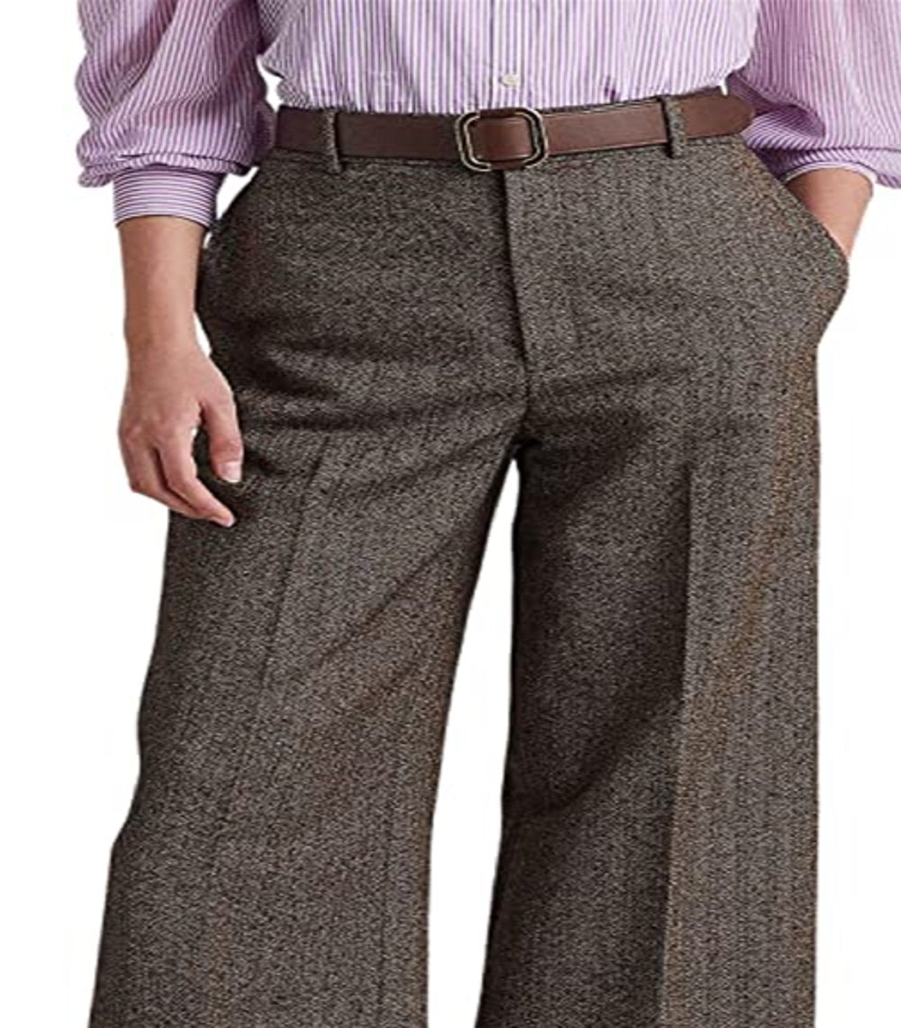 Calça cropped feminina Ralph Lauren com estampa espinha de peixe e perna larga, marrom, tamanho 16