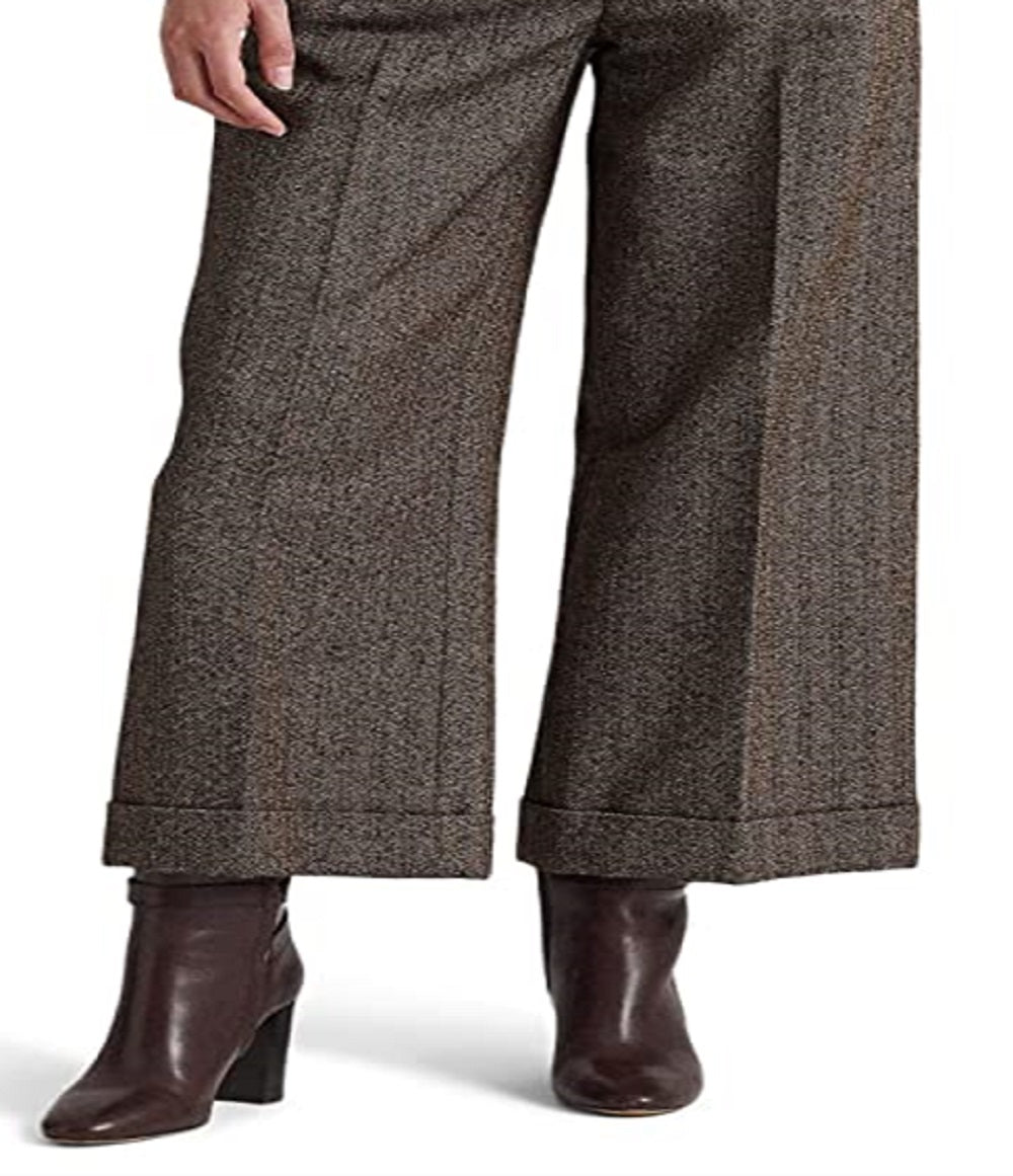 Calça cropped feminina Ralph Lauren com estampa espinha de peixe e perna larga, marrom, tamanho 16