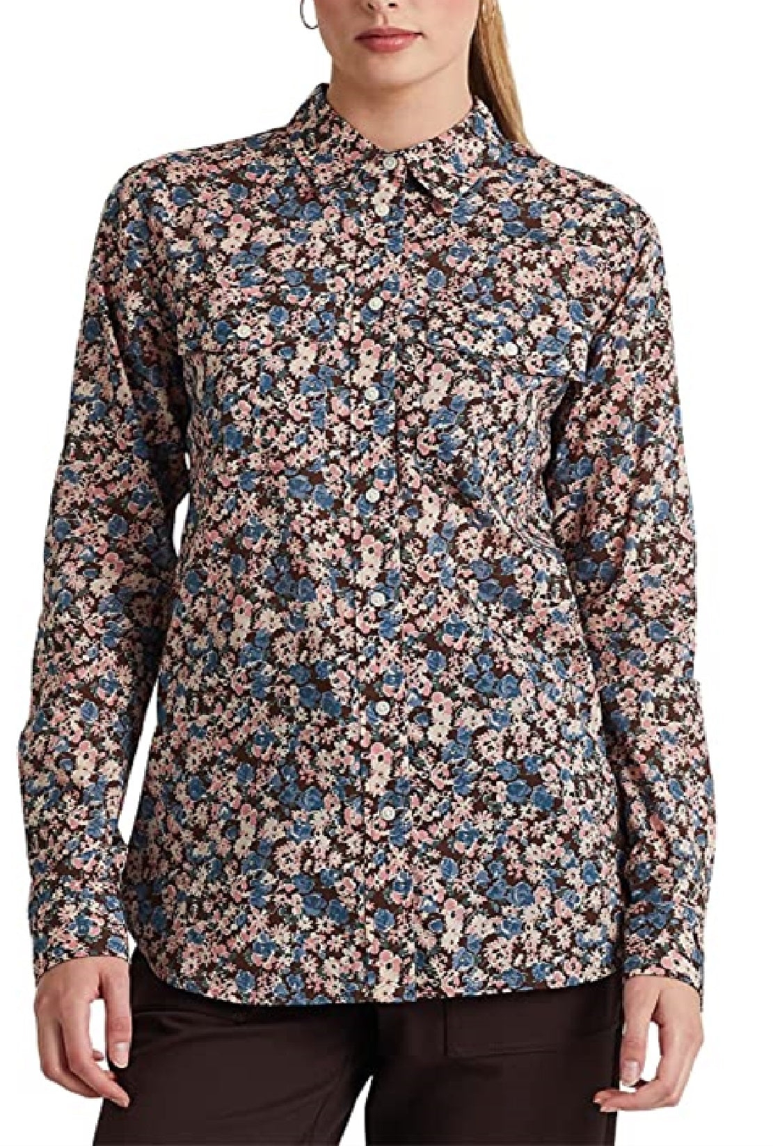 Camisa Ralph Lauren Feminina Floral de Algodão e Voile Marrom Tamanho Grande