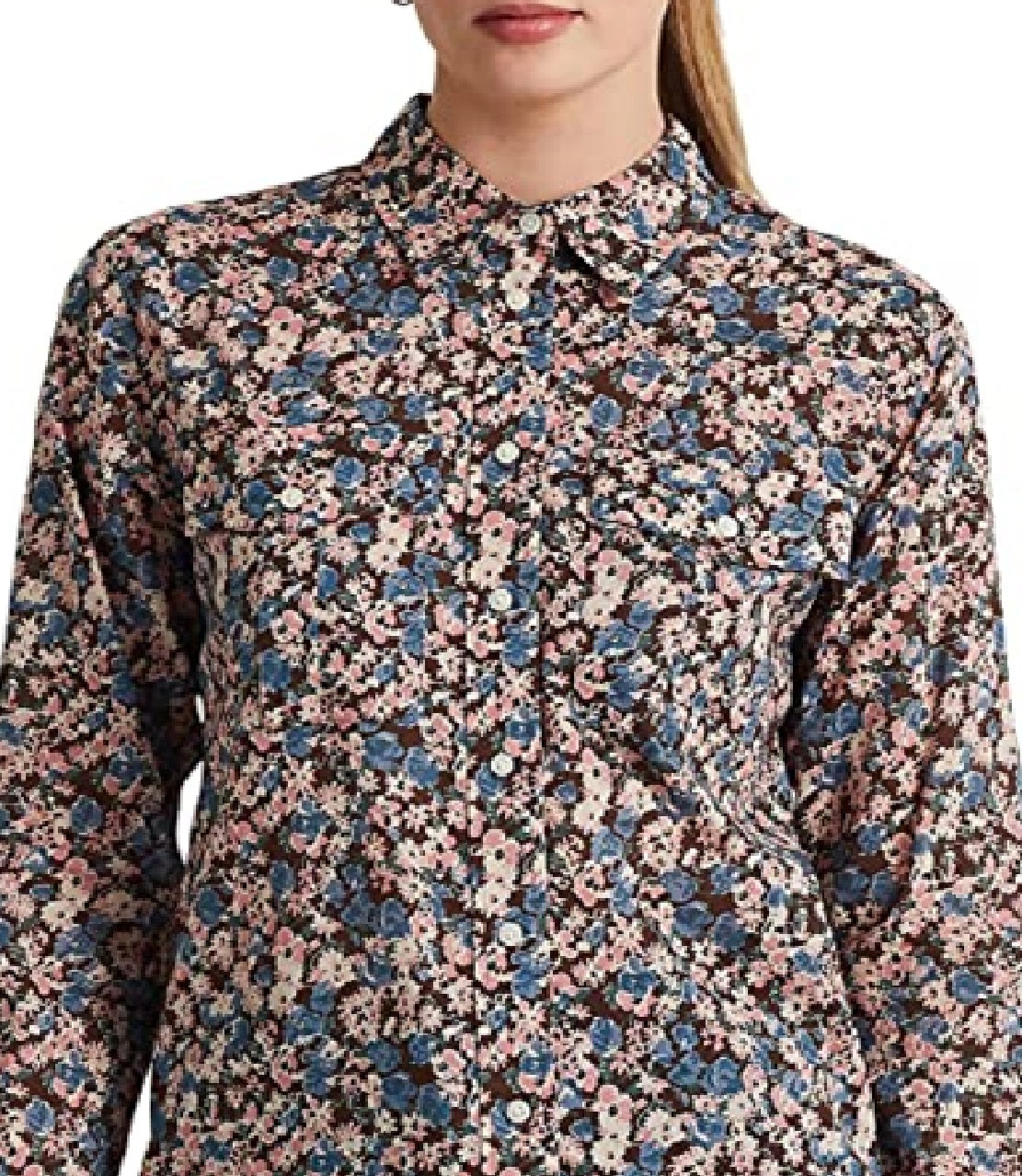 Camisa Ralph Lauren Feminina Floral de Algodão e Voile Marrom Tamanho Grande
