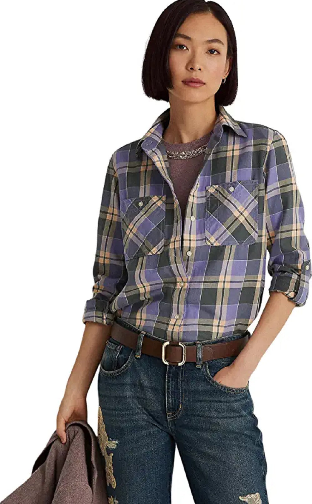 Camisa de sarja xadrez feminina Ralph Lauren, roxa, tamanho grande