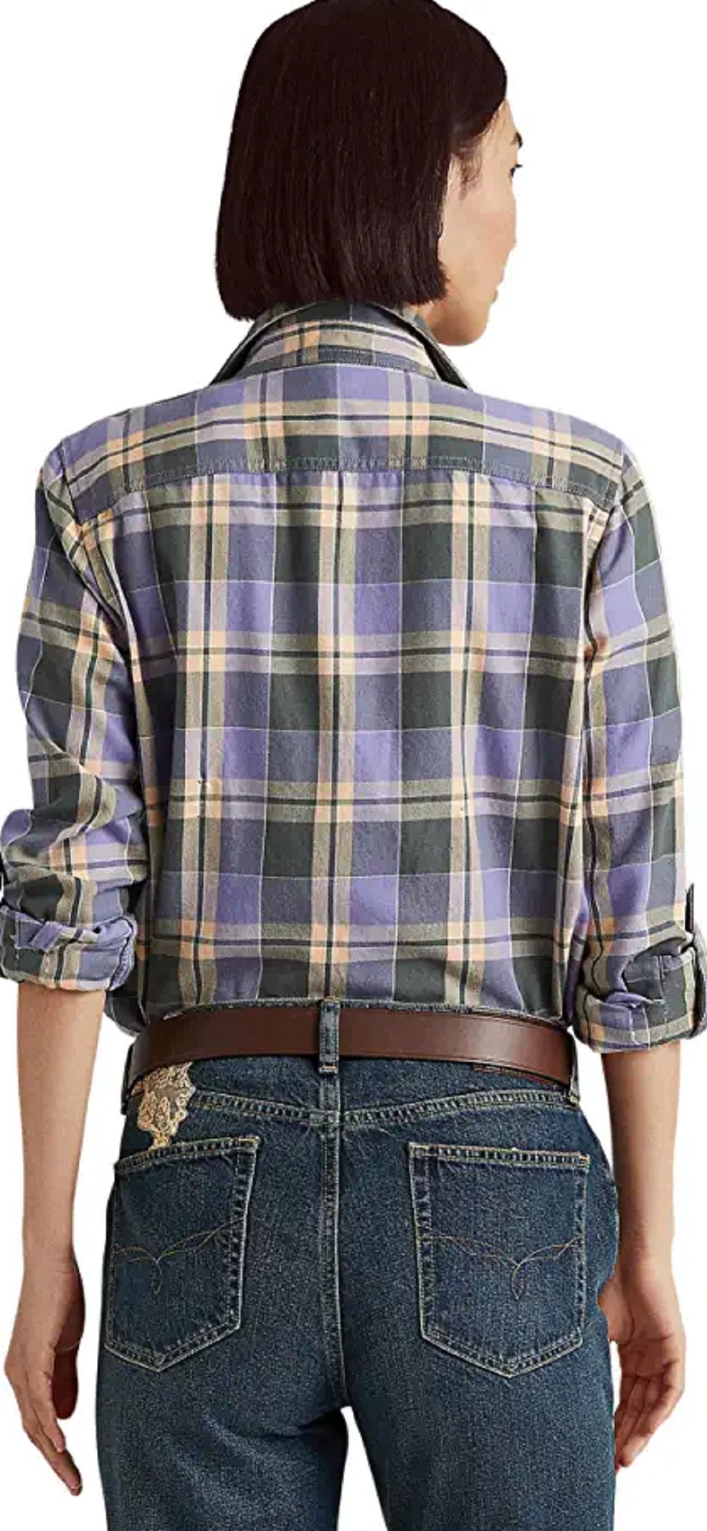 Camisa de sarja xadrez feminina Ralph Lauren, roxa, tamanho grande