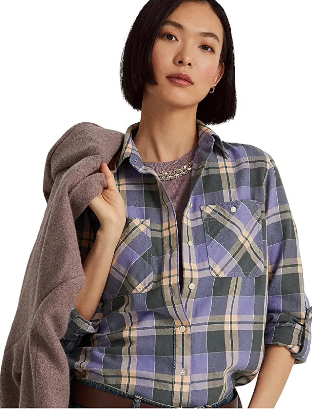 Camisa de sarja xadrez feminina Ralph Lauren, roxa, tamanho grande