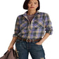 Camisa de sarja xadrez feminina Ralph Lauren, roxa, tamanho pequeno
