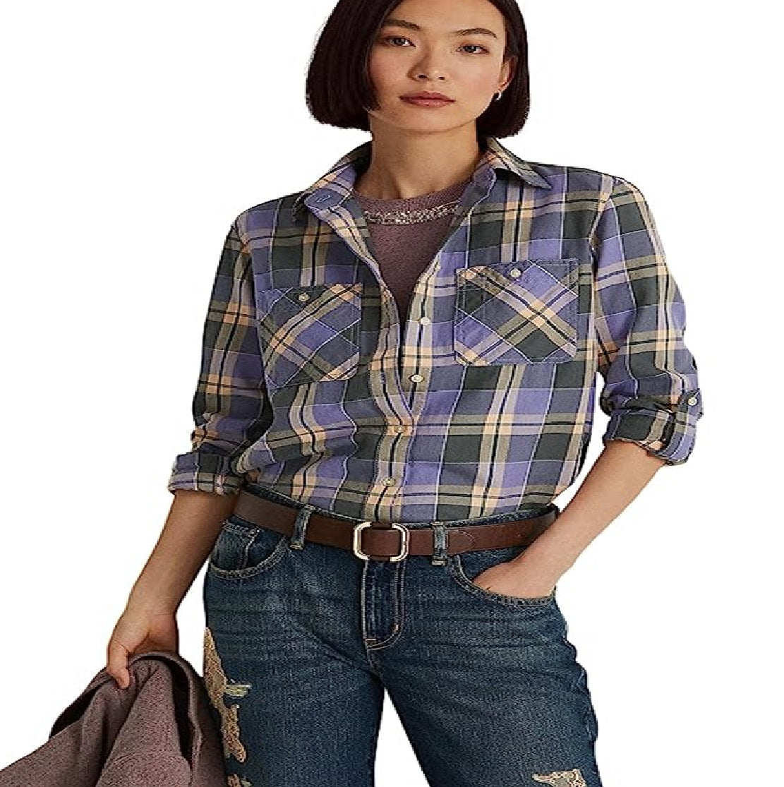 Camisa de sarja xadrez feminina Ralph Lauren, roxa, tamanho pequeno