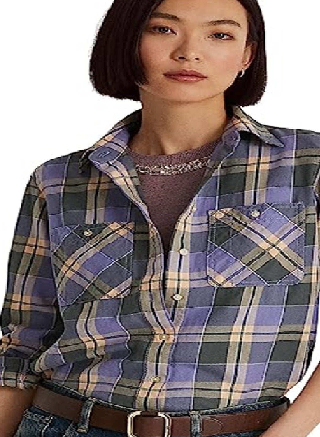 Camisa de sarja xadrez feminina Ralph Lauren, roxa, tamanho pequeno