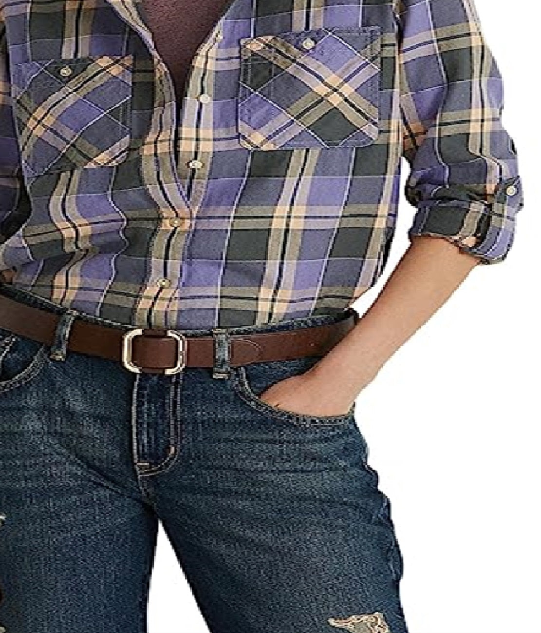 Camisa de sarja xadrez feminina Ralph Lauren, roxa, tamanho pequeno