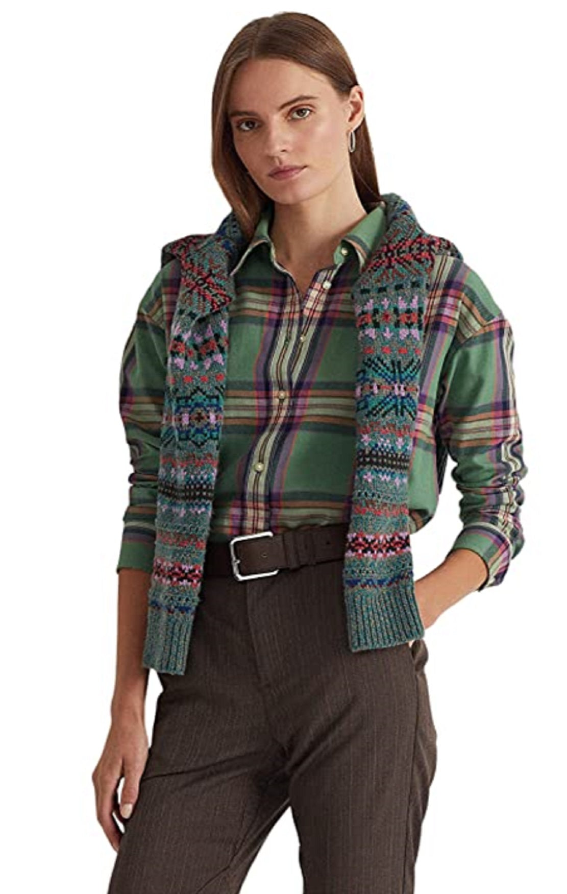 Camisa Ralph Lauren Feminina Xadrez Algodão Sarja Verde Tamanho Grande