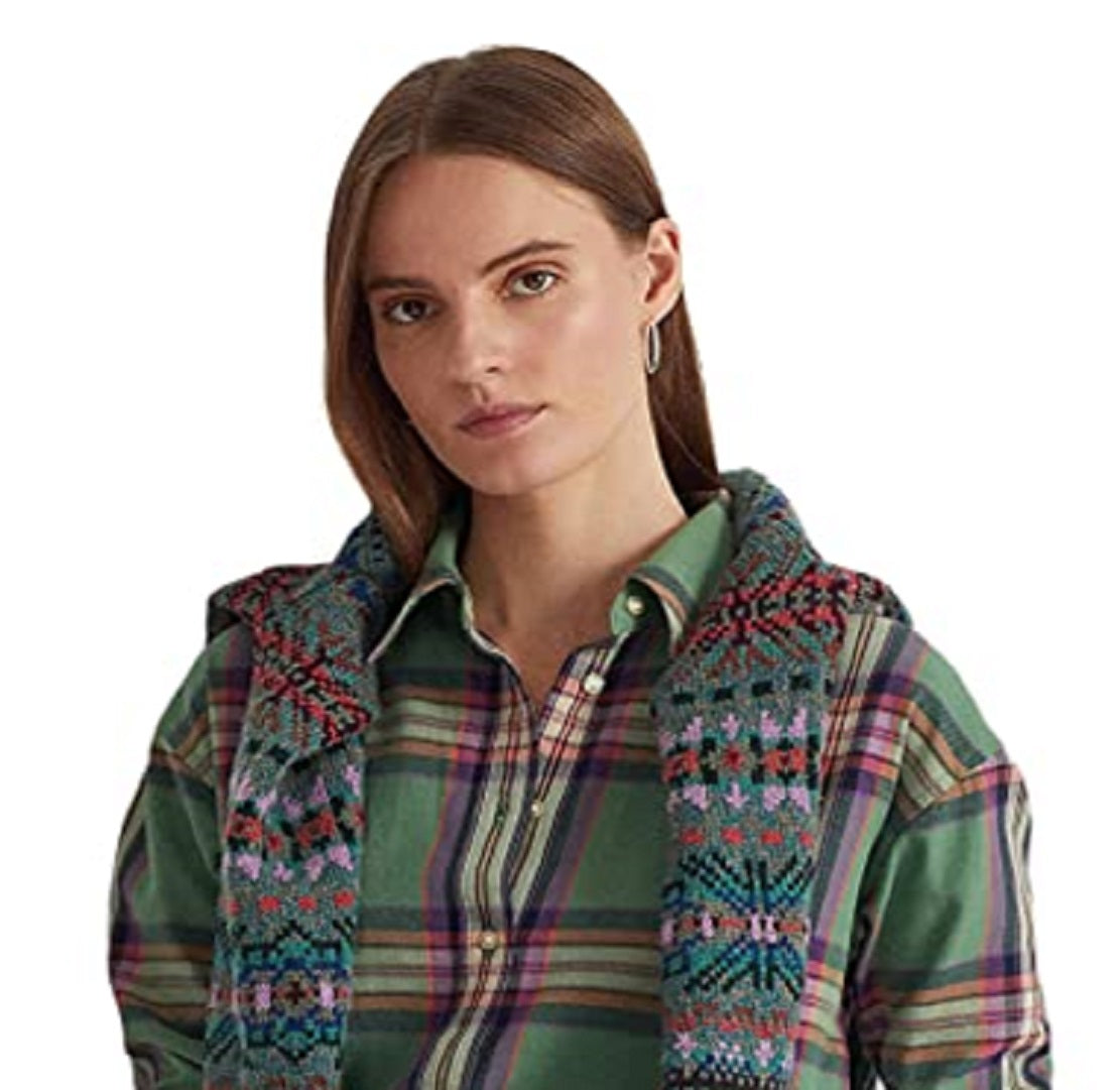 Camisa Ralph Lauren Feminina Xadrez Algodão Sarja Verde Tamanho Grande
