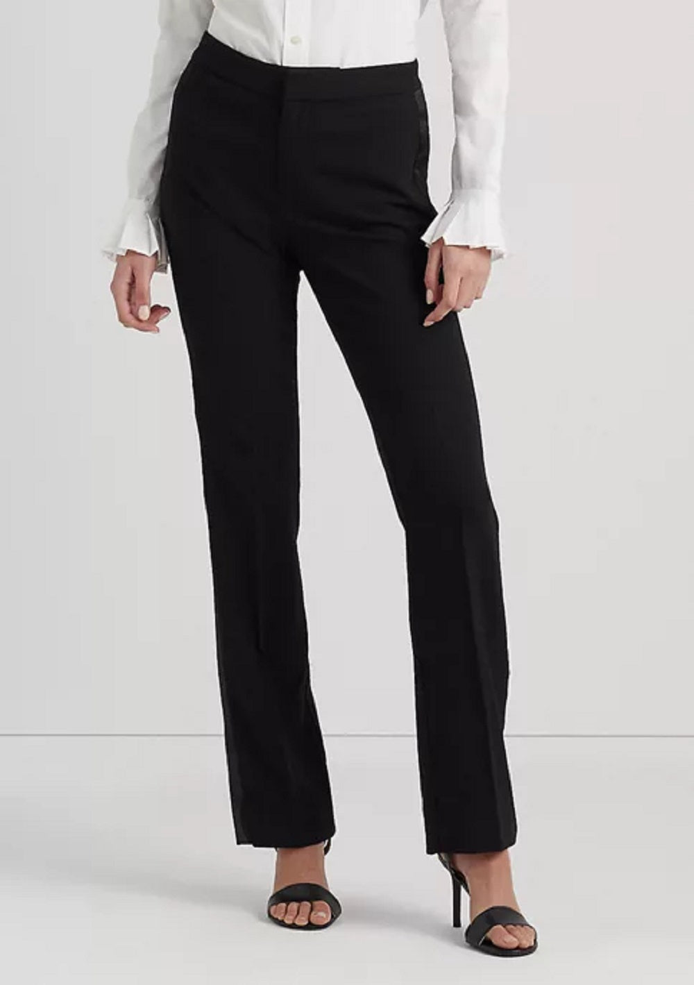 Calça Ralph Lauren Feminina Listrada Lateral de Lã Crepe Preta Tamanho 10