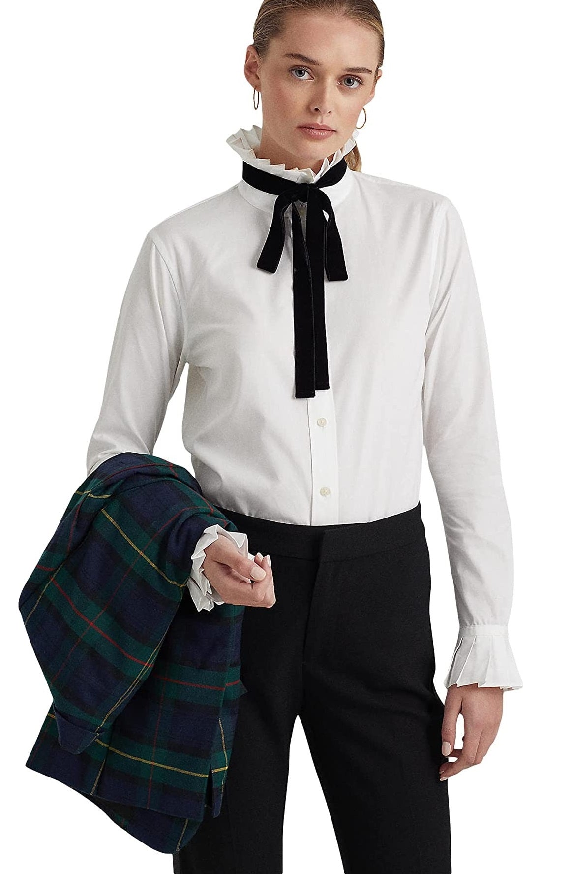 Camisa Ralph Lauren Feminina de Algodão com Gola Amarrada e Tecido Largo, Branca, Tamanho X-G