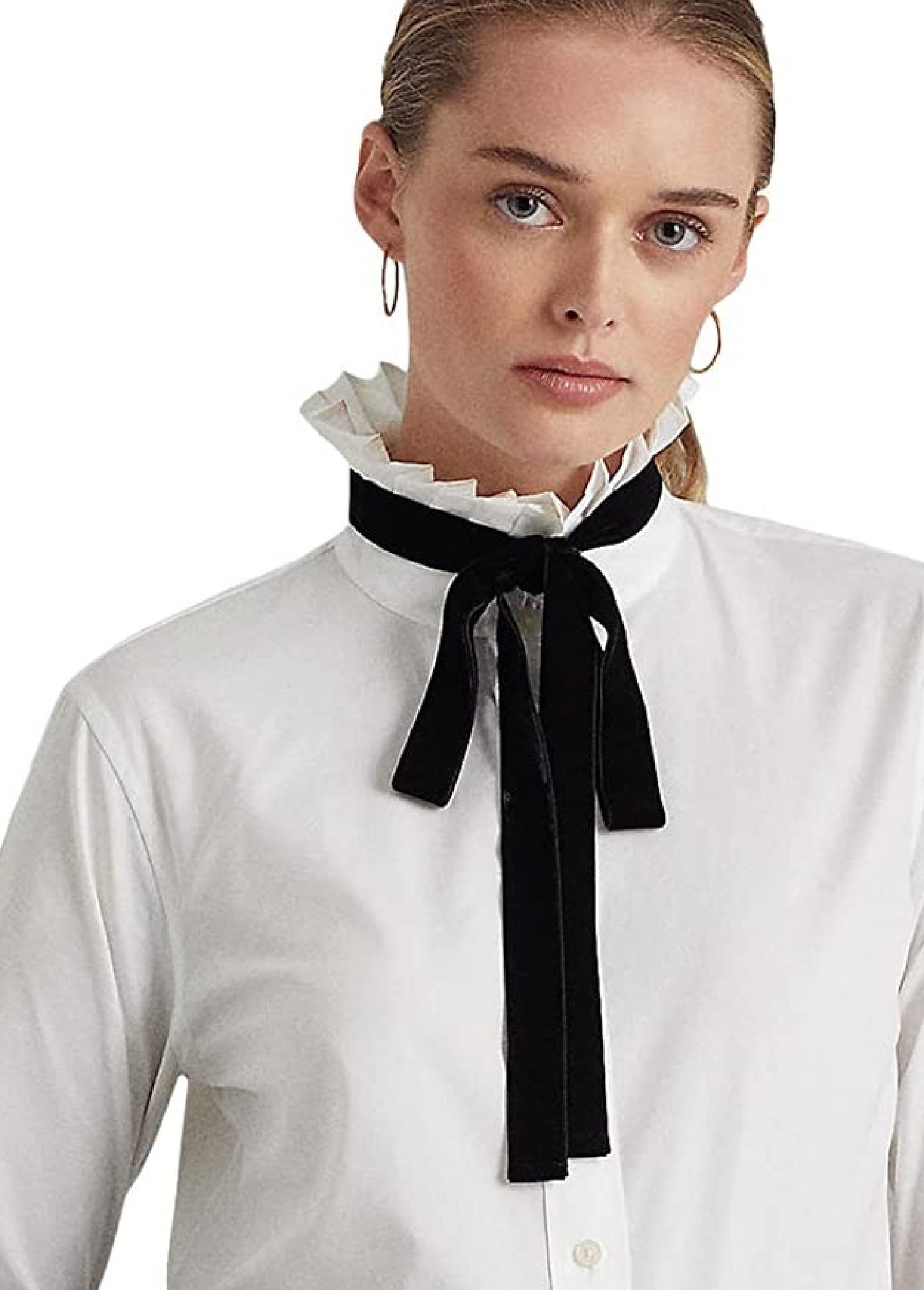 Camisa Ralph Lauren Feminina de Algodão com Gola Amarrada e Tecido Largo, Branca, Tamanho X-G