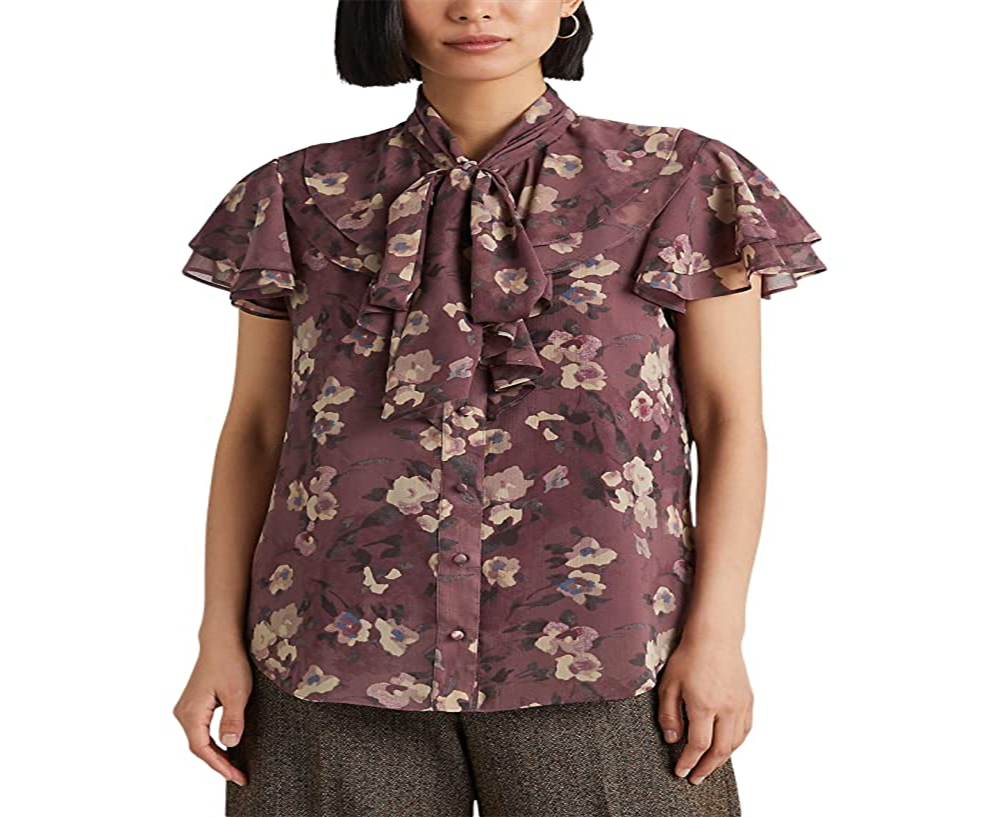 Blusa Ralph Lauren Feminina Floral com Decote em V e Georgette Roxa Tamanho Grande
