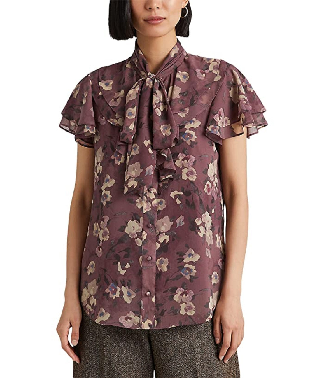 Blusa Ralph Lauren Feminina Floral com Decote em V e Georgette Roxa Tamanho Médio