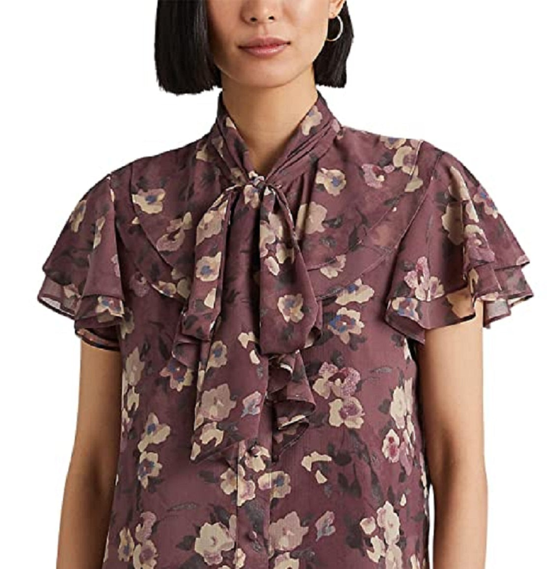 Blusa Ralph Lauren Feminina Floral com Decote em V e Georgette Roxa Tamanho Médio
