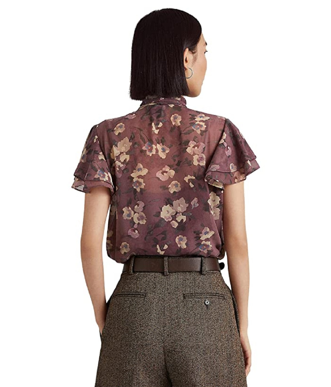 Blusa Ralph Lauren Feminina Floral com Decote em V e Georgette Roxa Tamanho Médio
