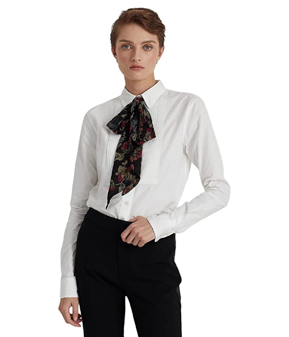 Camisa Ralph Lauren Feminina de Algodão Broadcloth com Alfinetes e Mangas Compridas, Branca, Tamanho Médio
