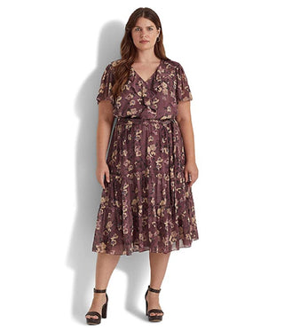 Vestido Ralph Lauren Feminino Floral Crinkle Georgette Roxo Tamanho 18W