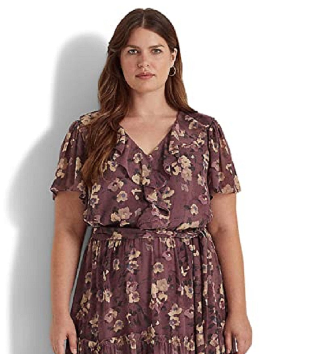 Vestido Ralph Lauren Feminino Floral Crinkle Georgette Roxo Tamanho 18W