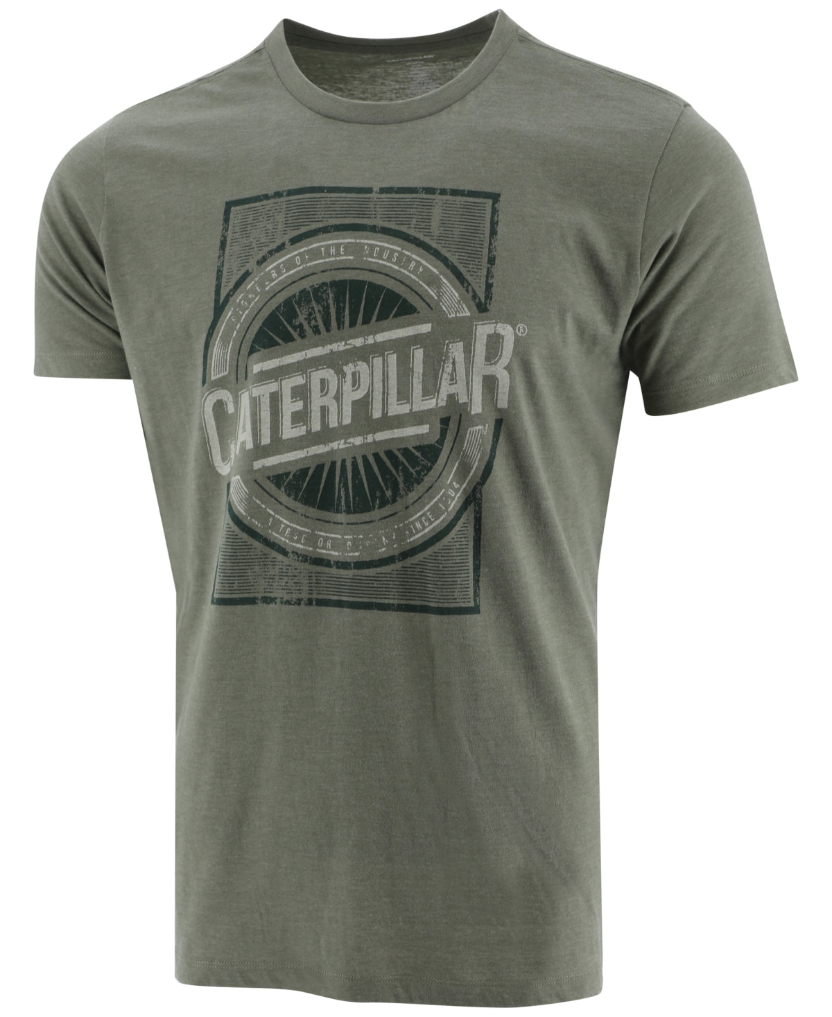 Camiseta masculina com estampa de logotipo desgastado da Caterpillar Foundation, verde, tamanho GG