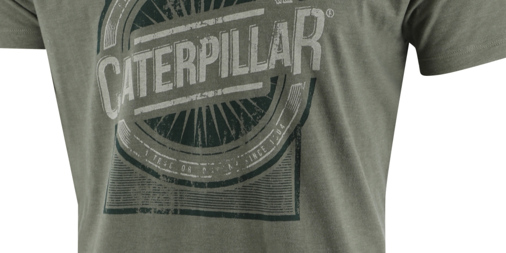 Camiseta masculina com estampa de logotipo desgastado da Caterpillar Foundation, verde, tamanho GG