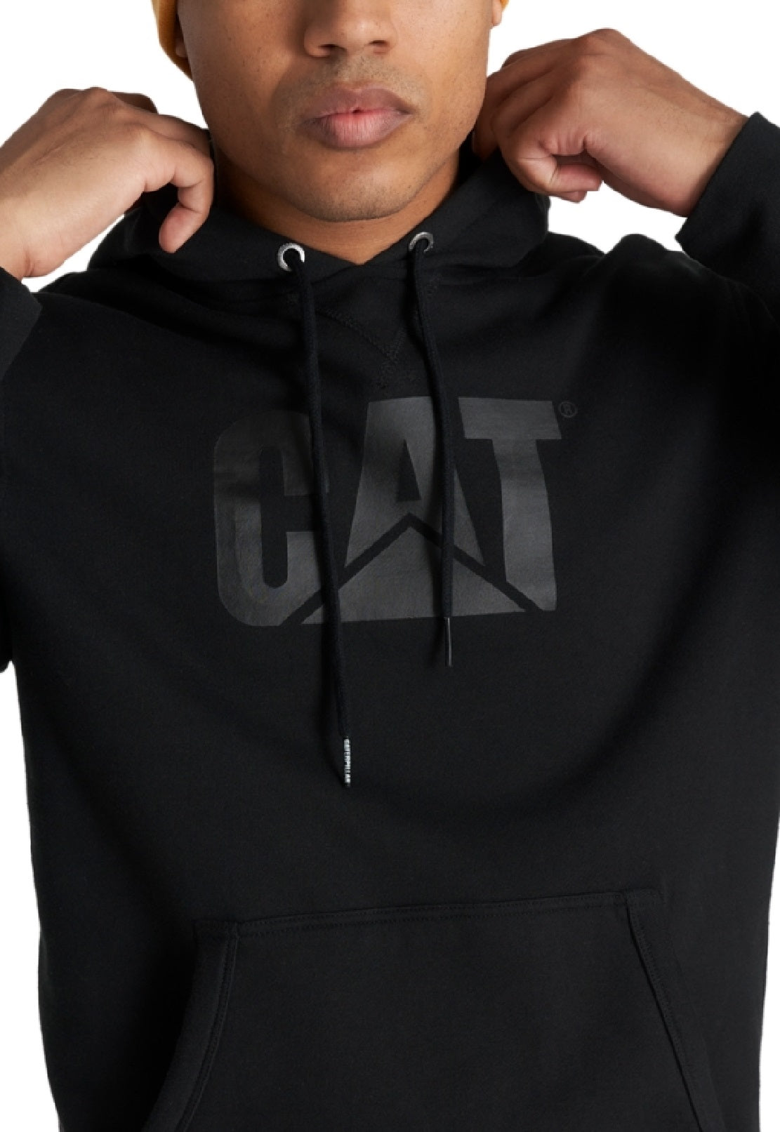 Moletom com capuz estampado com logotipo da Caterpillar Foundation masculino, preto, tamanho grande