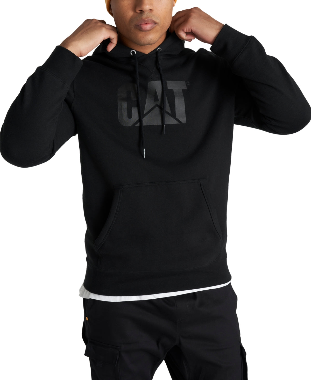 Moletom com capuz estampado com logotipo da Caterpillar Foundation masculino, preto, tamanho grande