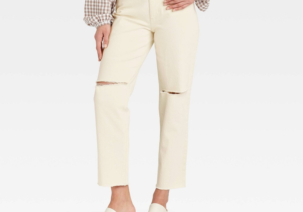 Calça jeans feminina Universal Thread de cintura super alta, vintage, reta, off-white, comprimento 16