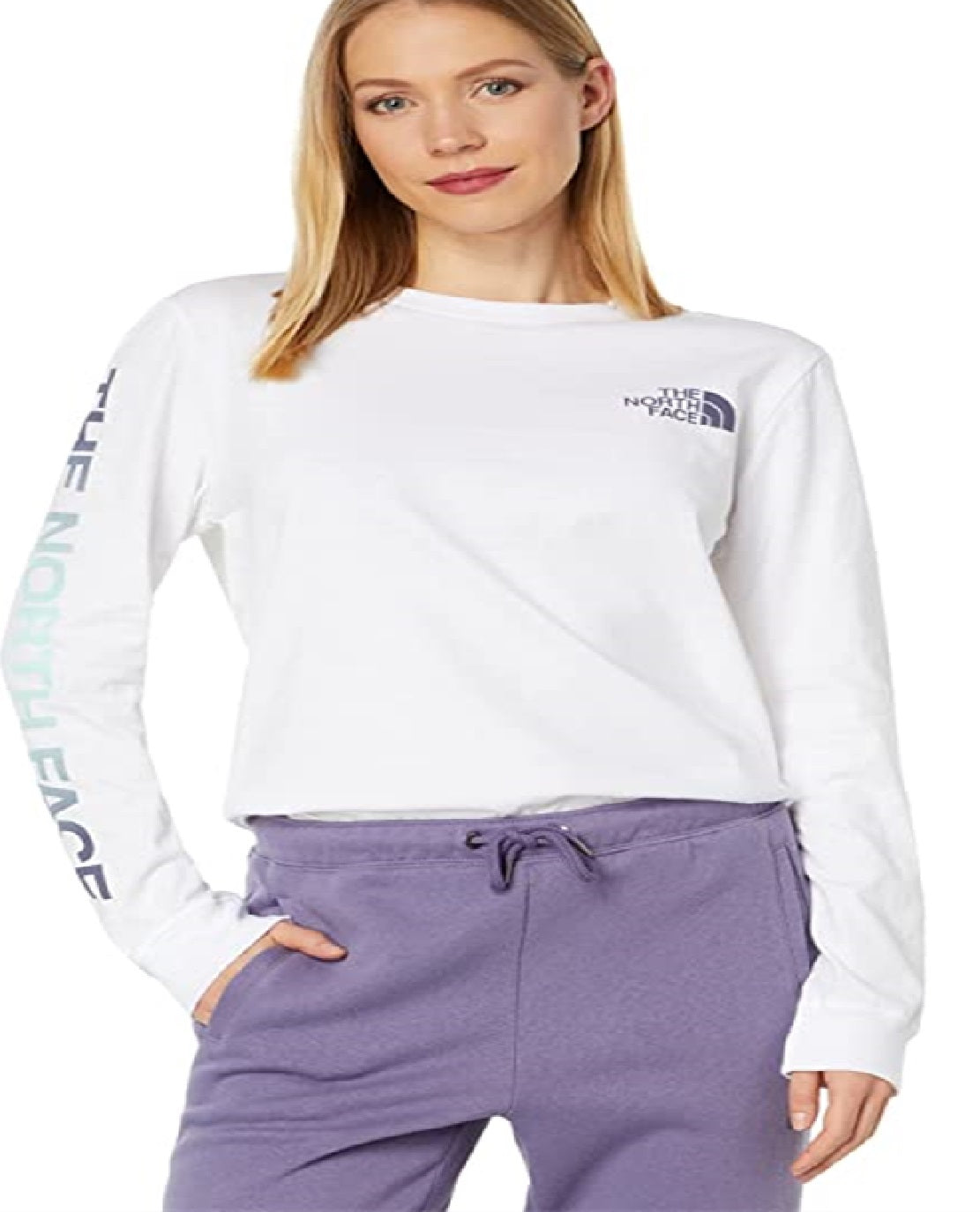 Camiseta feminina The North Face Hit Graphic de manga comprida, branca, tamanho pequeno