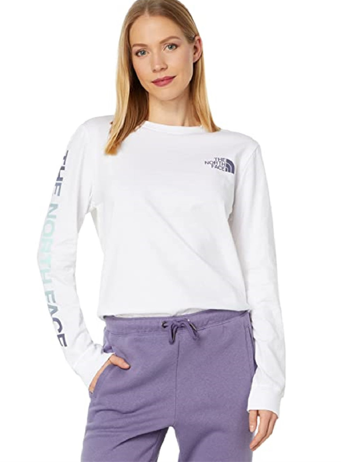 Camiseta feminina The North Face Hit Graphic de manga comprida, branca, tamanho grande