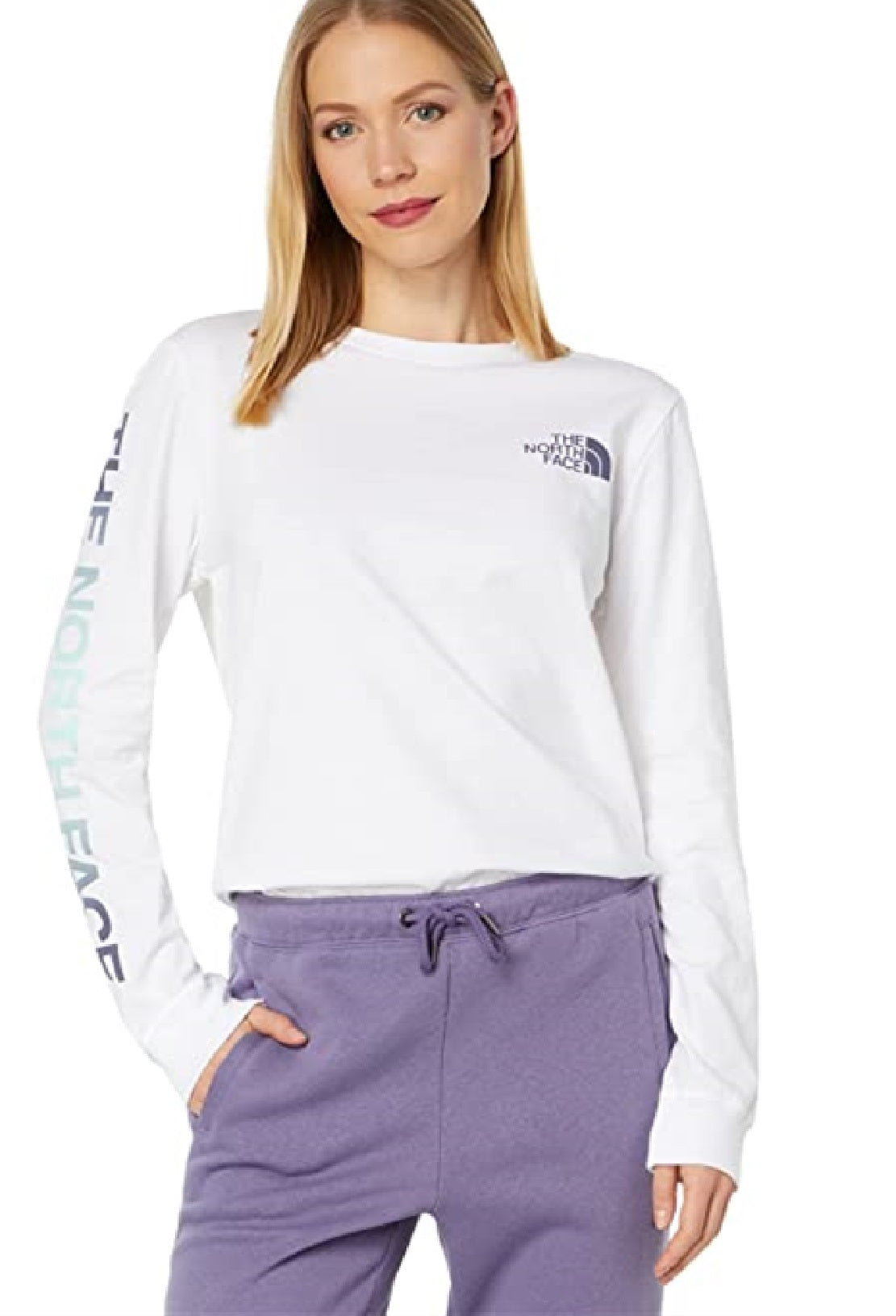 Camiseta feminina The North Face Hit Graphic de manga comprida, branca, tamanho X-G