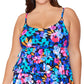 Top tankini com aro e estampa floral plus size Island Escape feminino, preto, tamanho 16W