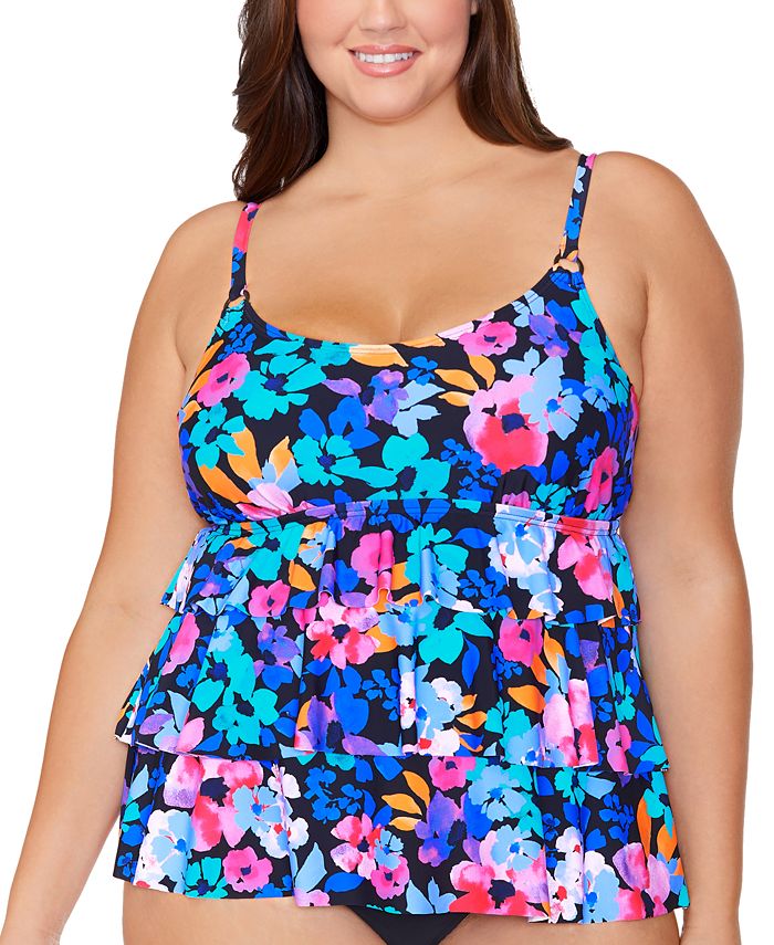 Top tankini com aro e estampa floral plus size Island Escape feminino, preto, tamanho 16W