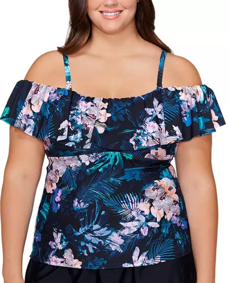 Top tankini com aro e estampa floral La Flor Island Escape feminino, preto, tamanho 18W