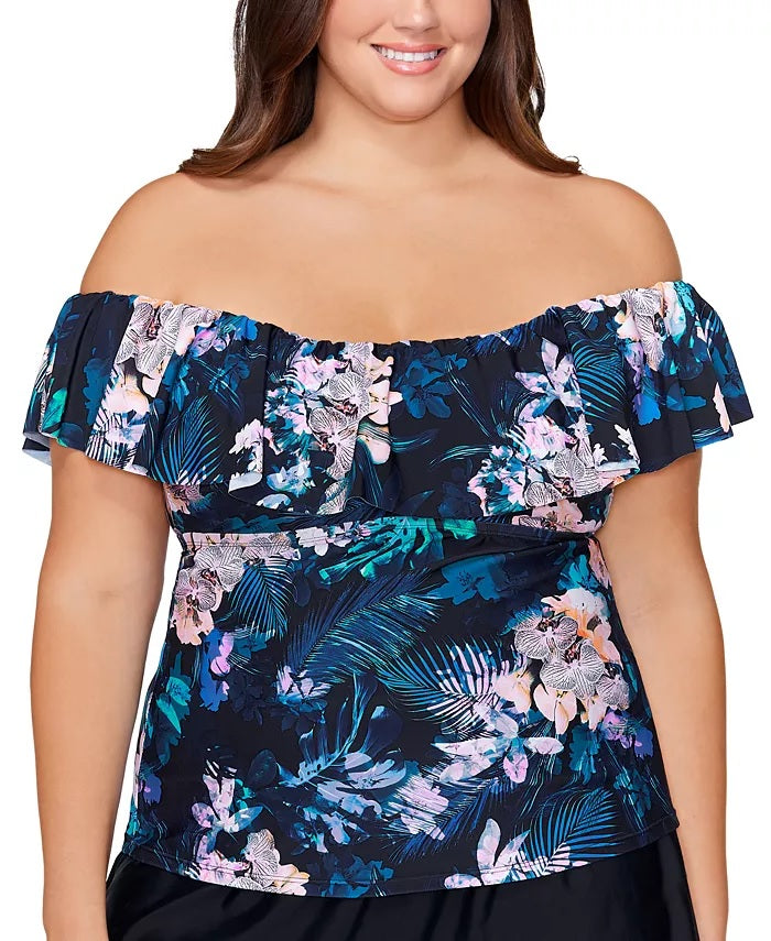 Top tankini com aro e estampa floral La Flor Island Escape feminino, preto, tamanho 18W