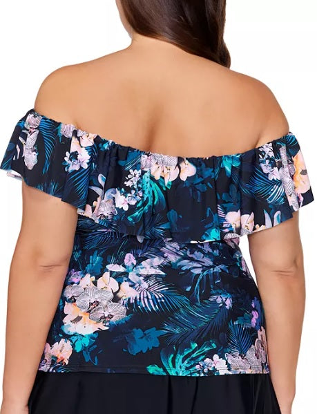 Top tankini com aro e estampa floral La Flor Island Escape feminino, preto, tamanho 18W