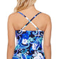 Island Escape Tankini feminino estampado com babados na frente Tahiti, maiô preto, tamanho 10