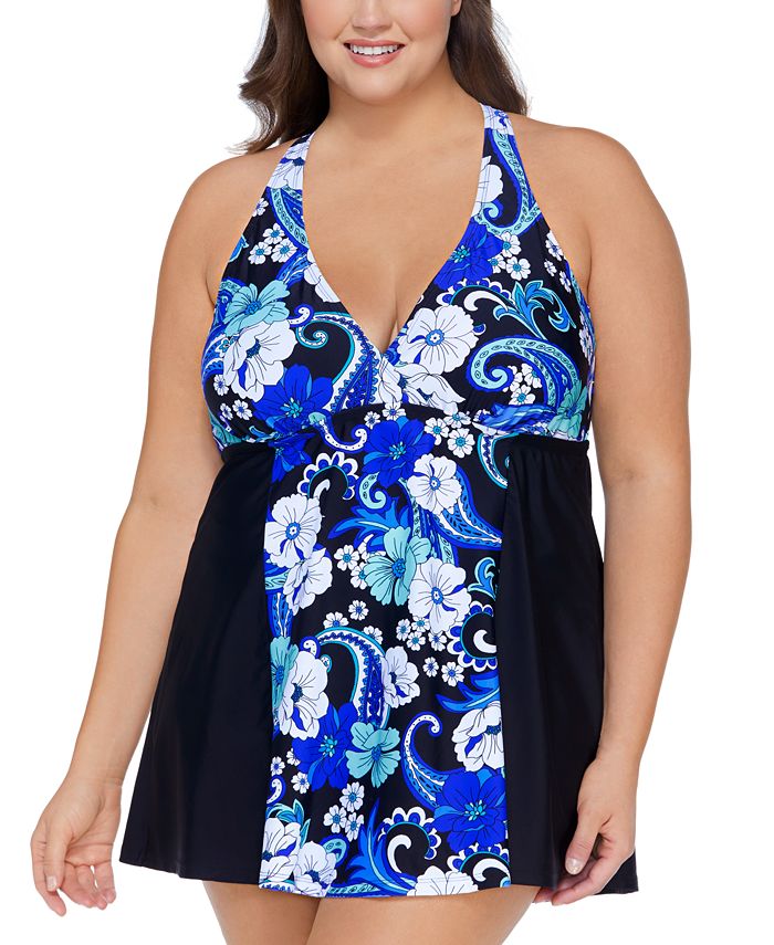 Vestido de banho feminino com aro estampado Island Escape Plus, preto