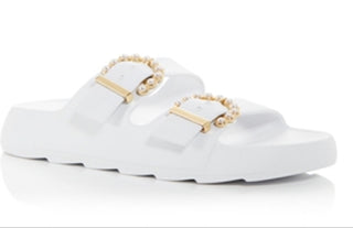 Sandálias femininas Stuart Weitzman com fivela de pérola, brancas, tamanho 7 M