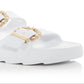 Sandálias femininas Stuart Weitzman com fivela de pérola, brancas, tamanho 7 M