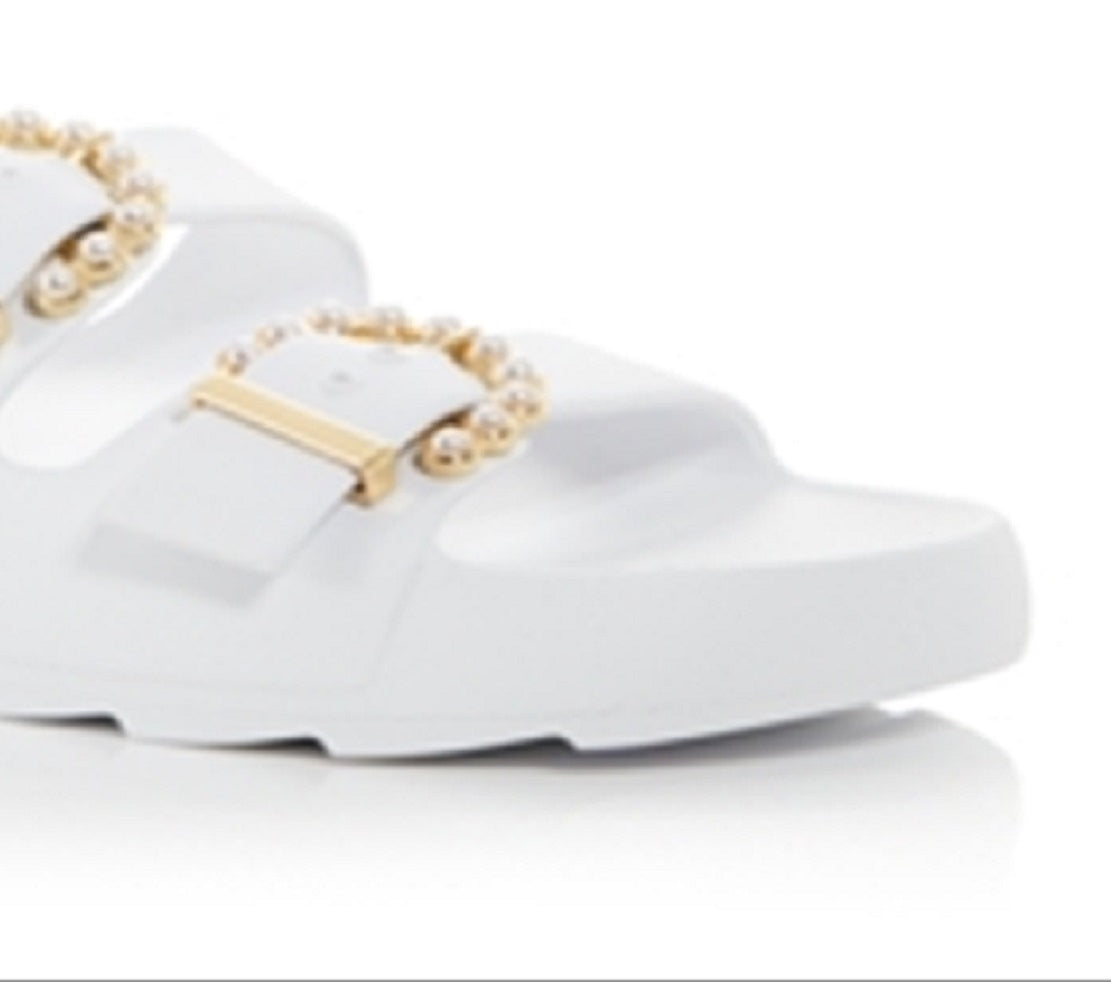 Sandálias femininas Stuart Weitzman com fivela de pérola, brancas, tamanho 7 M