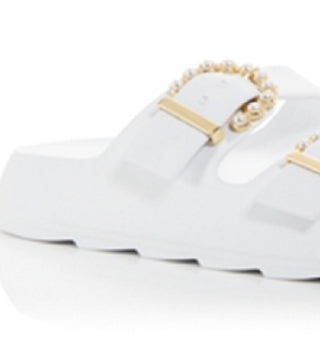 Sandálias femininas Stuart Weitzman com fivela de pérola, brancas, tamanho 7 M