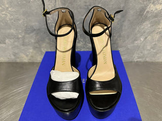 Sandálias plataforma de salto alto feminino Stuart Weitzman Skyhigh, pretas, tamanho 8 M