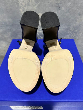 Sandálias plataforma de salto alto feminino Stuart Weitzman Skyhigh, pretas, tamanho 8 M